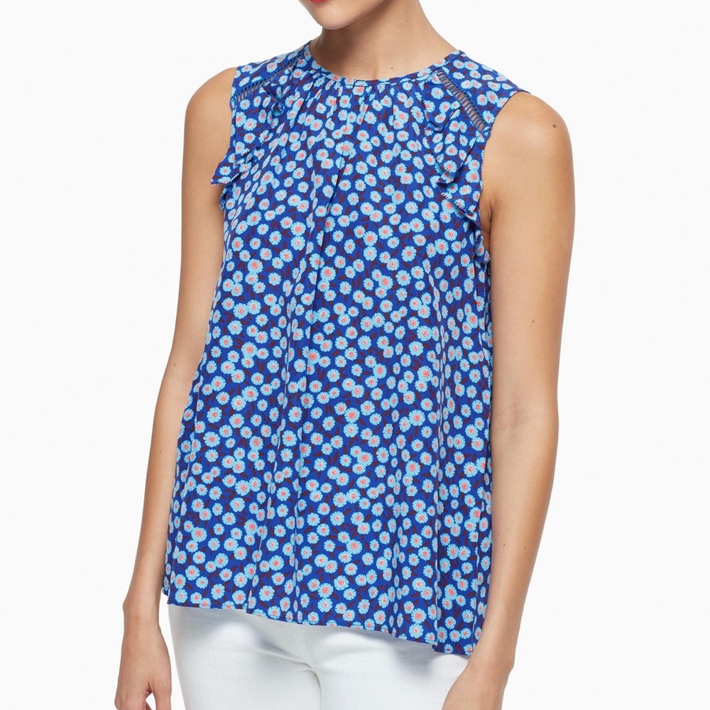 Kate Spade New York Tangier Ruffle Silk Tank Blue Cobalt Floral Small, EUC
